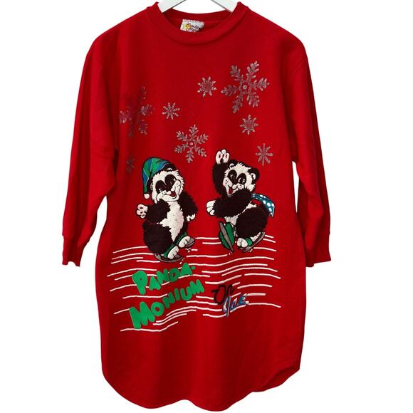 Vintage Starlit Nights Fleece Sleepshirt Size S Red Long Sleeve PandaMonium Bear - Picture 1 of 5